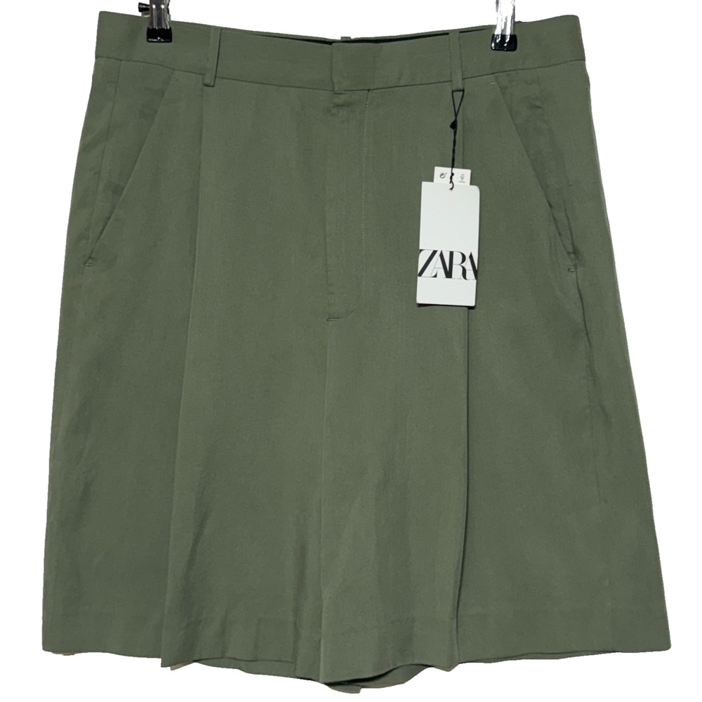 Zara Olive Green High-Waist Bermuda Shorts